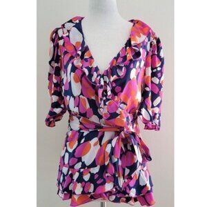 Diane Von Furstenberg Cloe Silk Wrap Blouse Short Sleeve Blue Pink Orange Size 4
